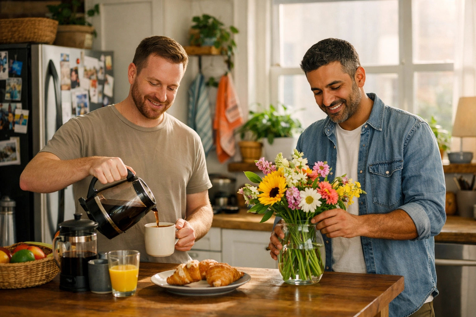 Gay married couple creating Sunday morning traditions together in their kitchen