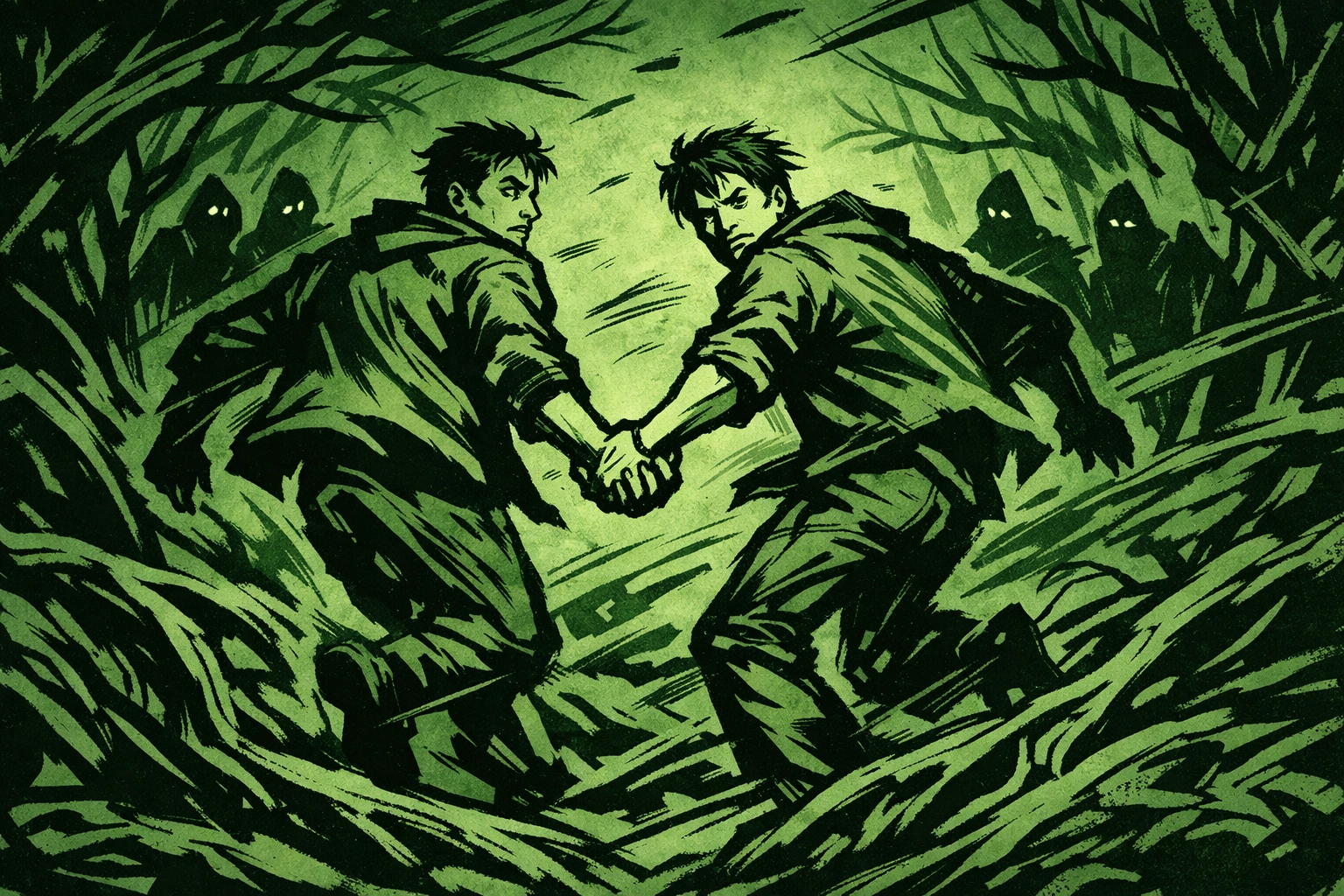 Two men escape hand-in-hand through forest undergrowth fleeing cult pursuers in gay thriller