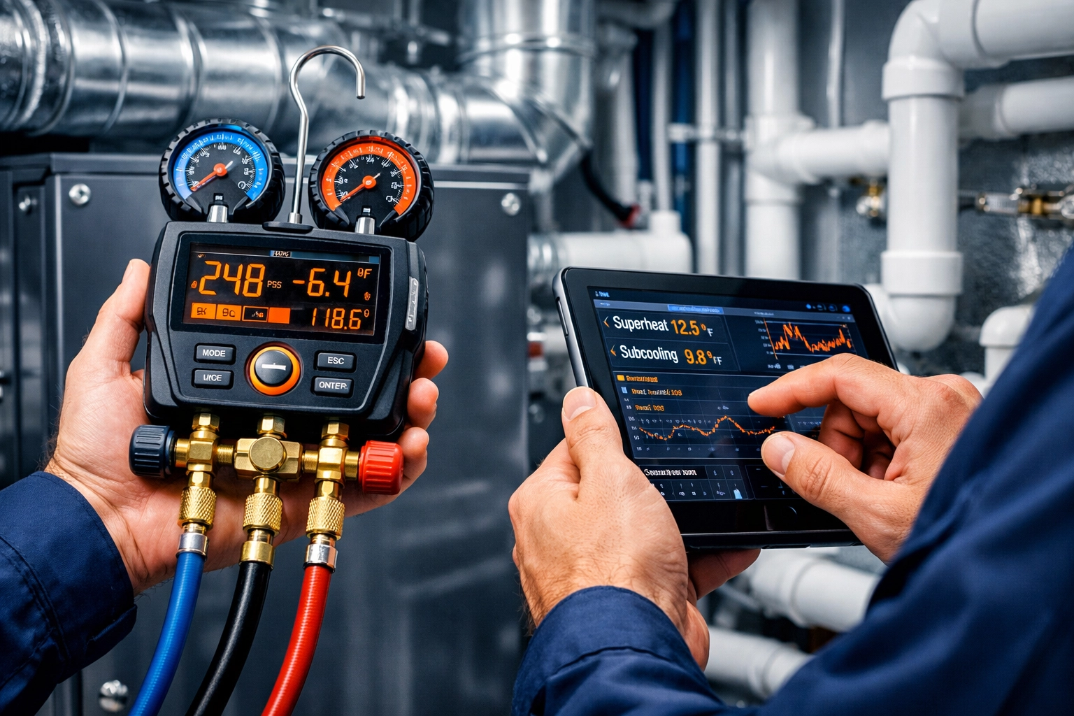 HVAC technician performing professional installation and calibration of a modern heat pump system.