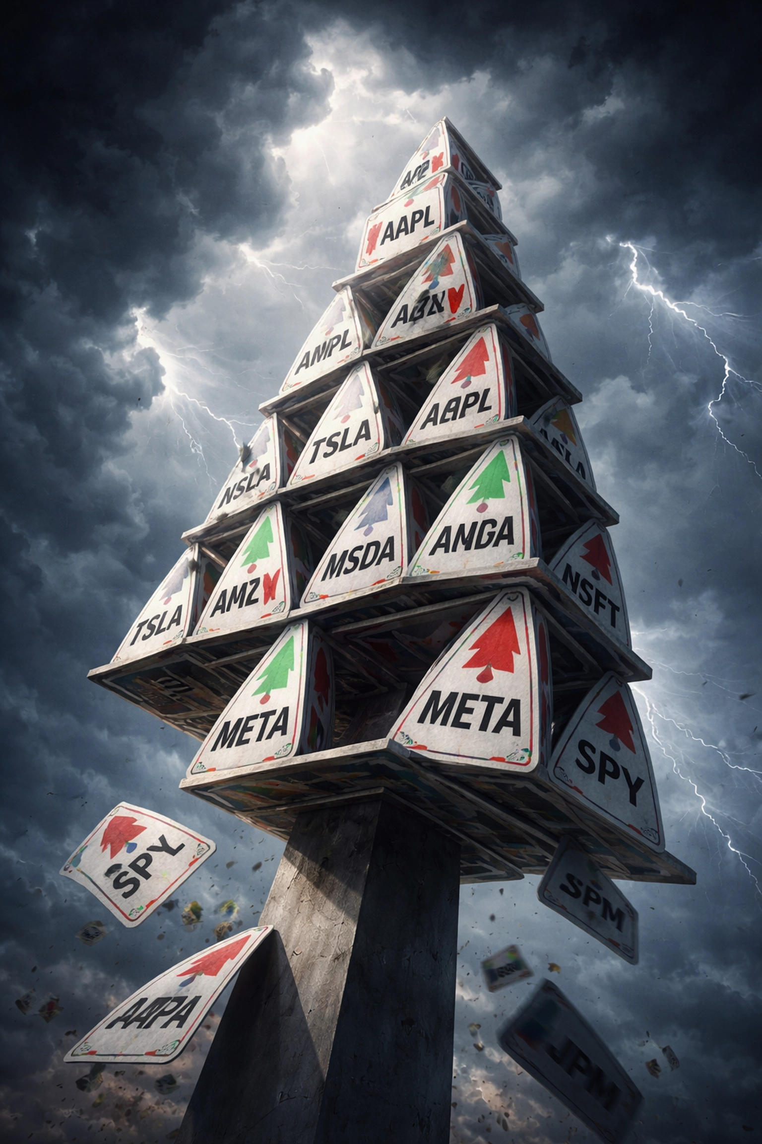 Precarious house of cards made of stock symbols, depicting the risks and instability of leveraged hedge fund strategies