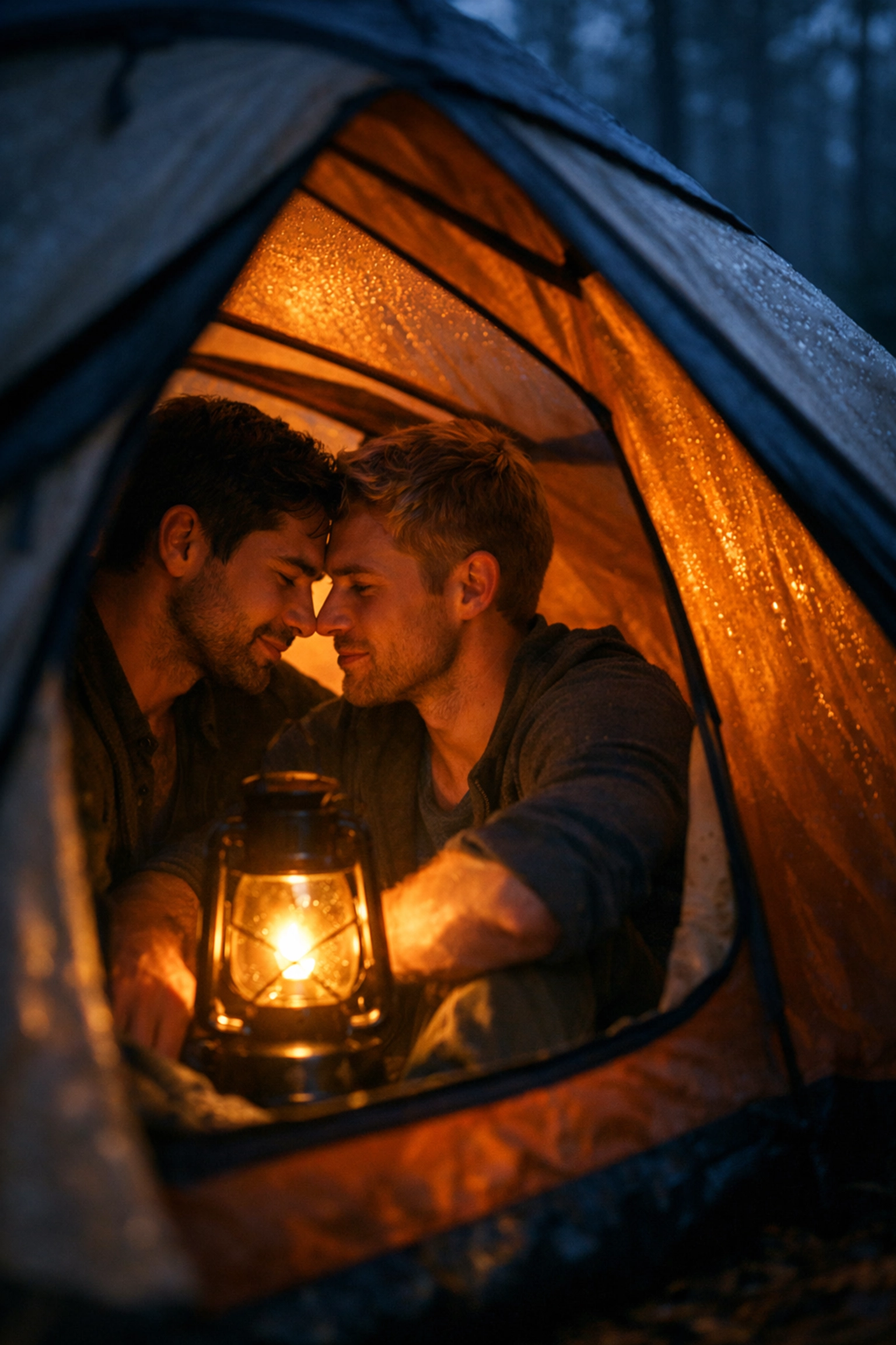 Two men share intimate moment inside camping tent at dusk with lantern glow - MM wilderness romance