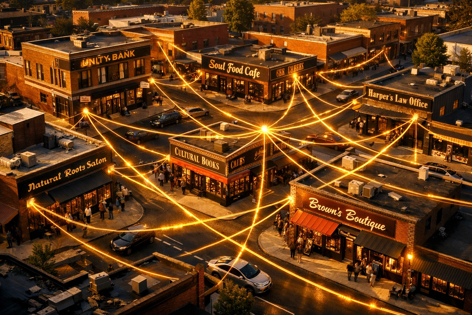 Network of interconnected Black-owned businesses creating economic ecosystem in Black community