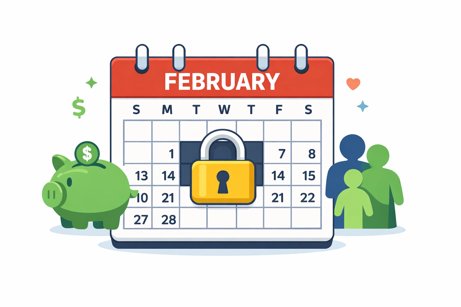 February calendar with a padlock icon for New Haven tax preparation refund holds.