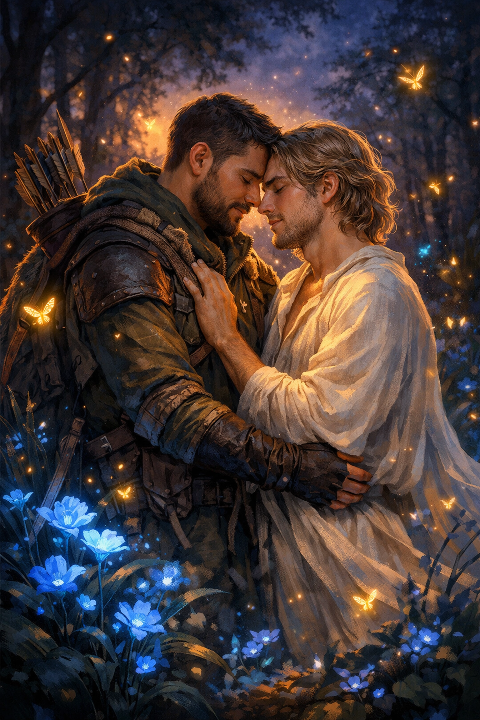 Two men in a soul-bond embrace in a magical forest, a scene from a mystical MM romance book.