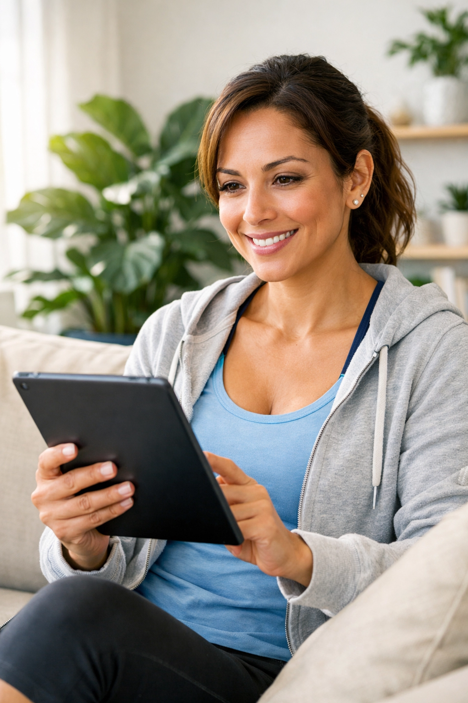 Woman completing an online medical weight loss assessment on a tablet during a telehealth consultation.