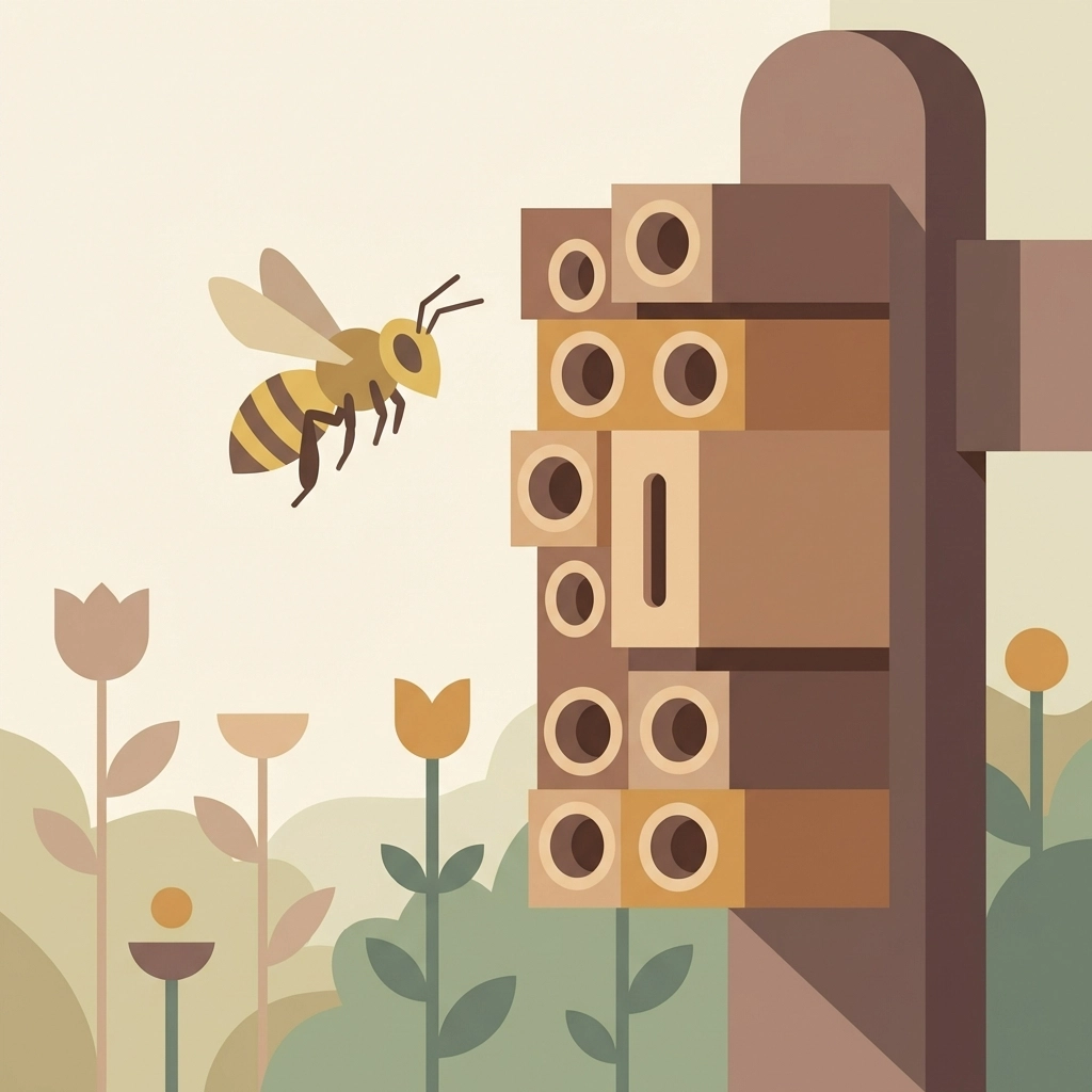 Solitary mason bee flying toward a wooden bee hotel filled with nesting tubes in a garden setting