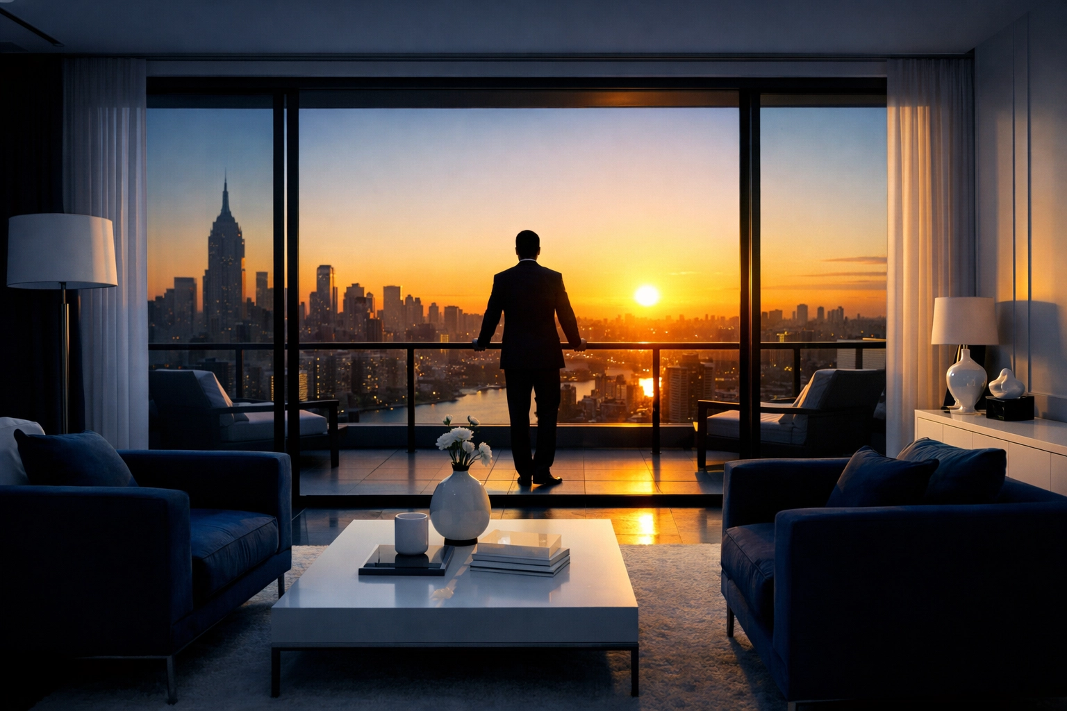 Pristine apartment cleaning results in a luxury penthouse overlooking the city skyline at sunset.