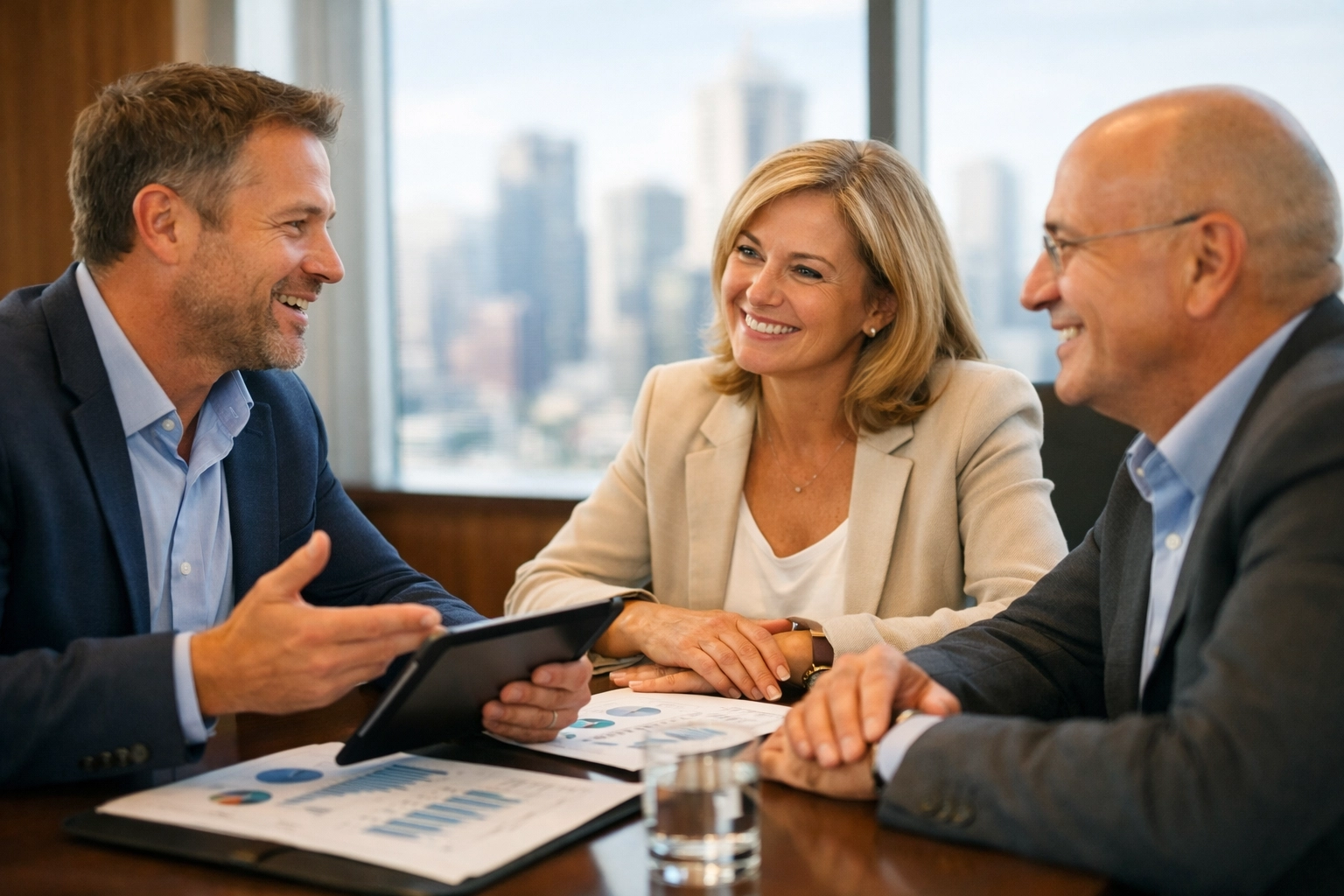 Business leaders and a ServiceNow consulting partner discussing ROI and ITOM strategy in a modern boardroom.