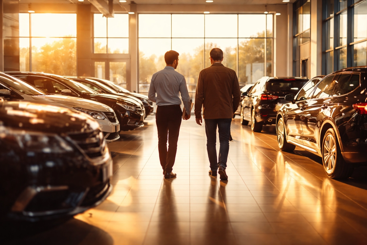 Cinematic mood image: modern auto body repair facility interior, wide angle, warm natural light (header/hook visual).