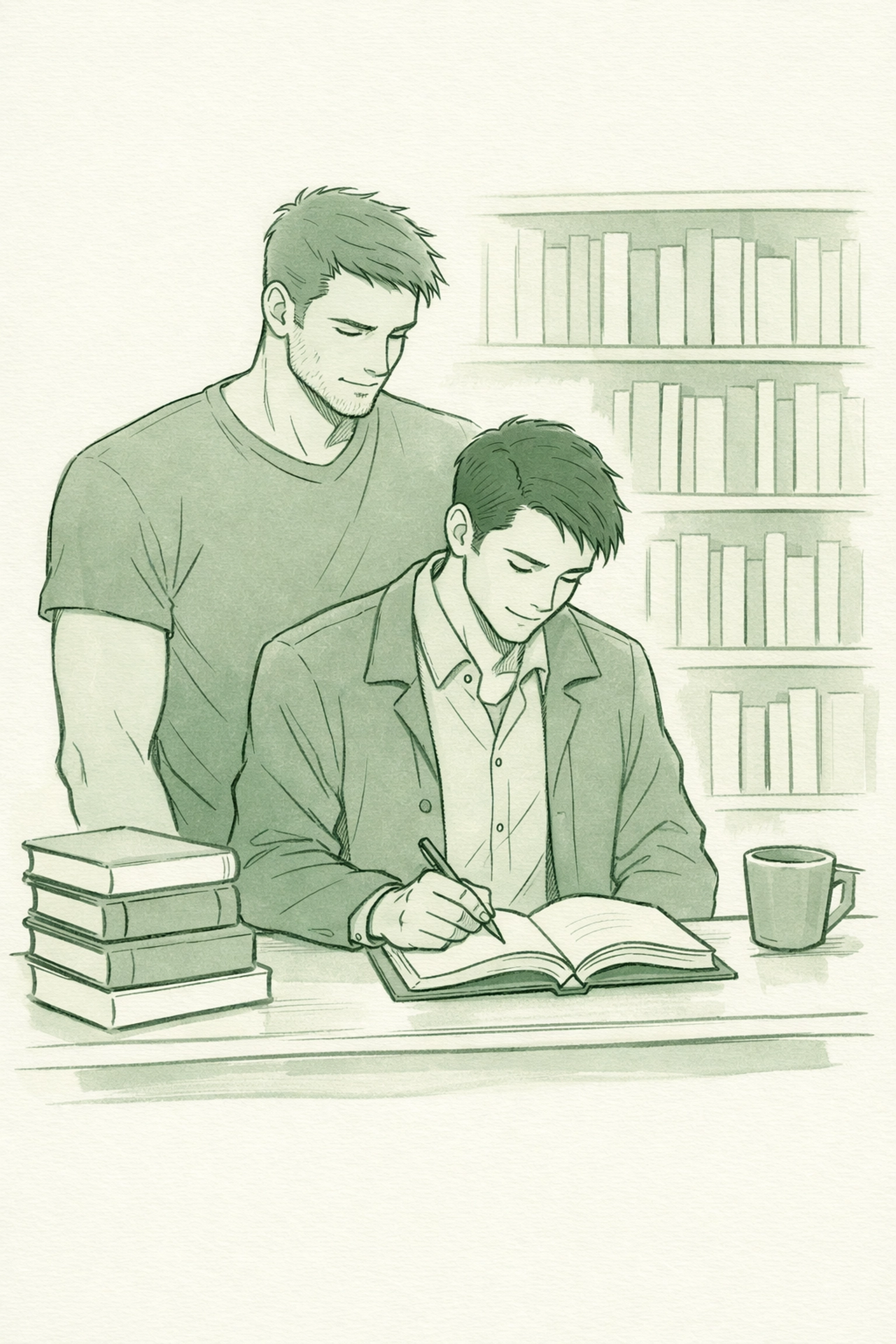 Protective large man and petite partner at library counter - MM romance size difference trope