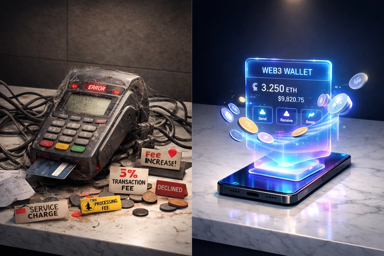Old traditional card payment terminal compared to modern Web3 wallet digital payment interface