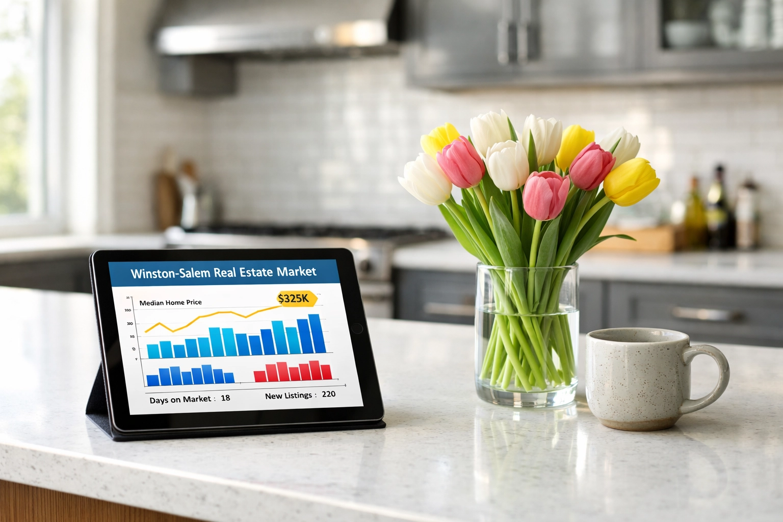 Modern Winston-Salem kitchen featuring a tablet with Triad real estate market data on the counter. Modern Winston-Salem kitchen featuring a tablet with Triad real estate market data on the counter.