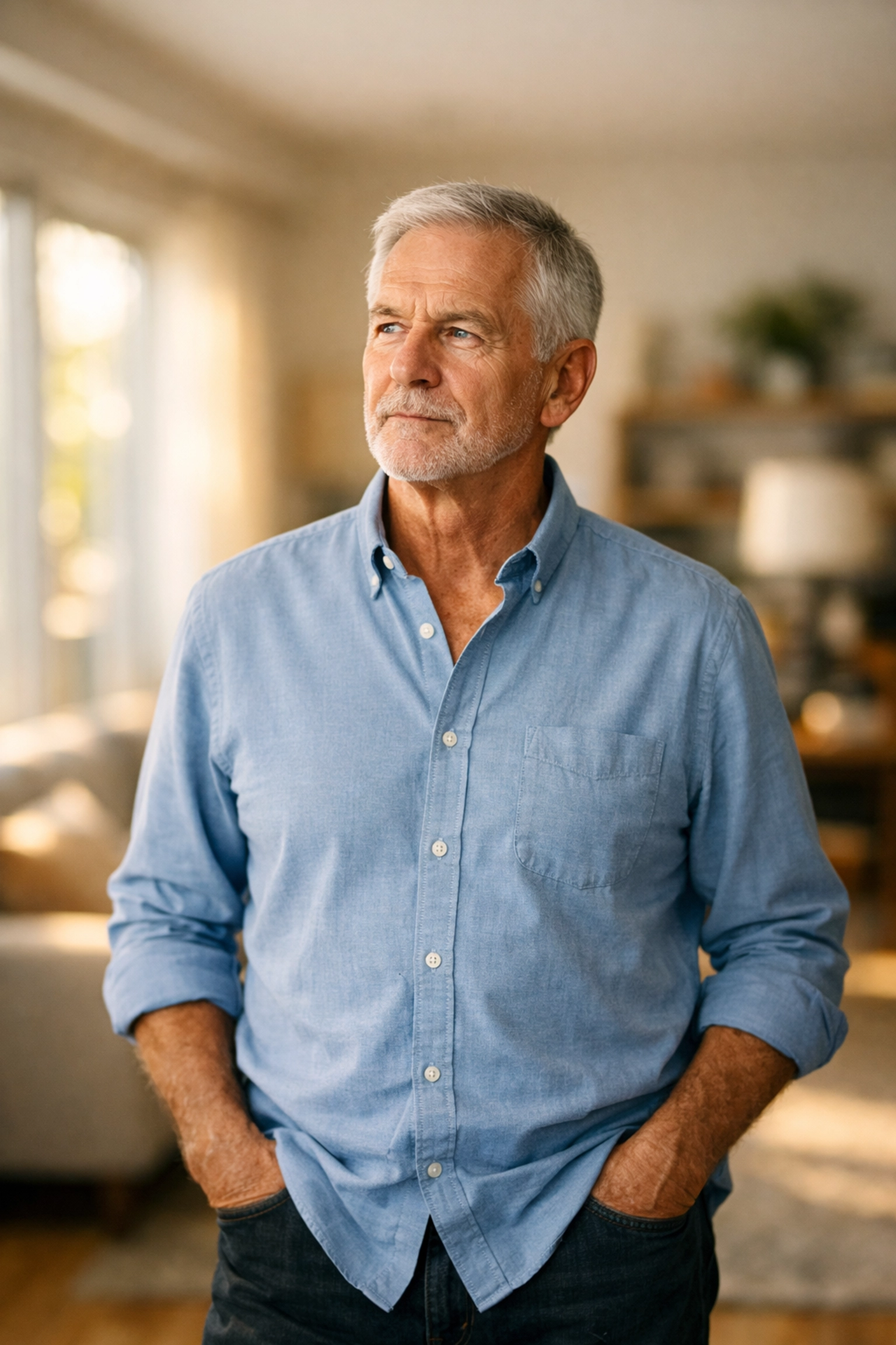 Senior man performing a home mobility assessment in a bright living room to identify fall risks.