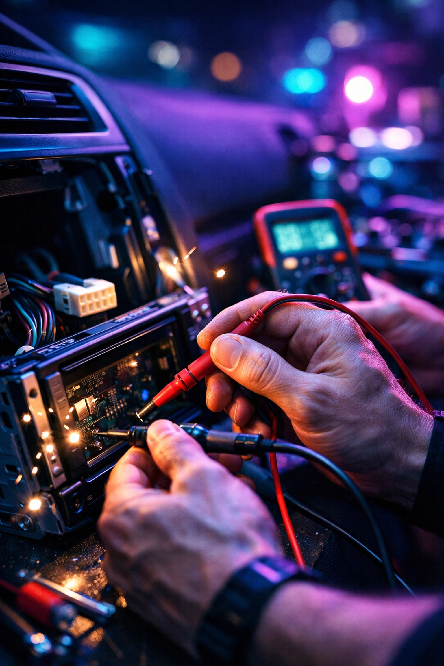 Professional radio repair in Chattanooga showing a technician testing car audio electronics.