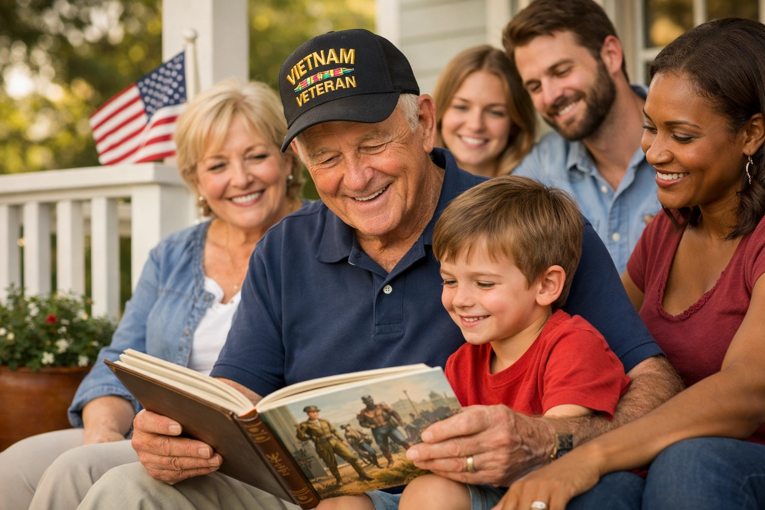 A veteran sharing an American history book with his grandson to celebrate America’s 250th anniversary.