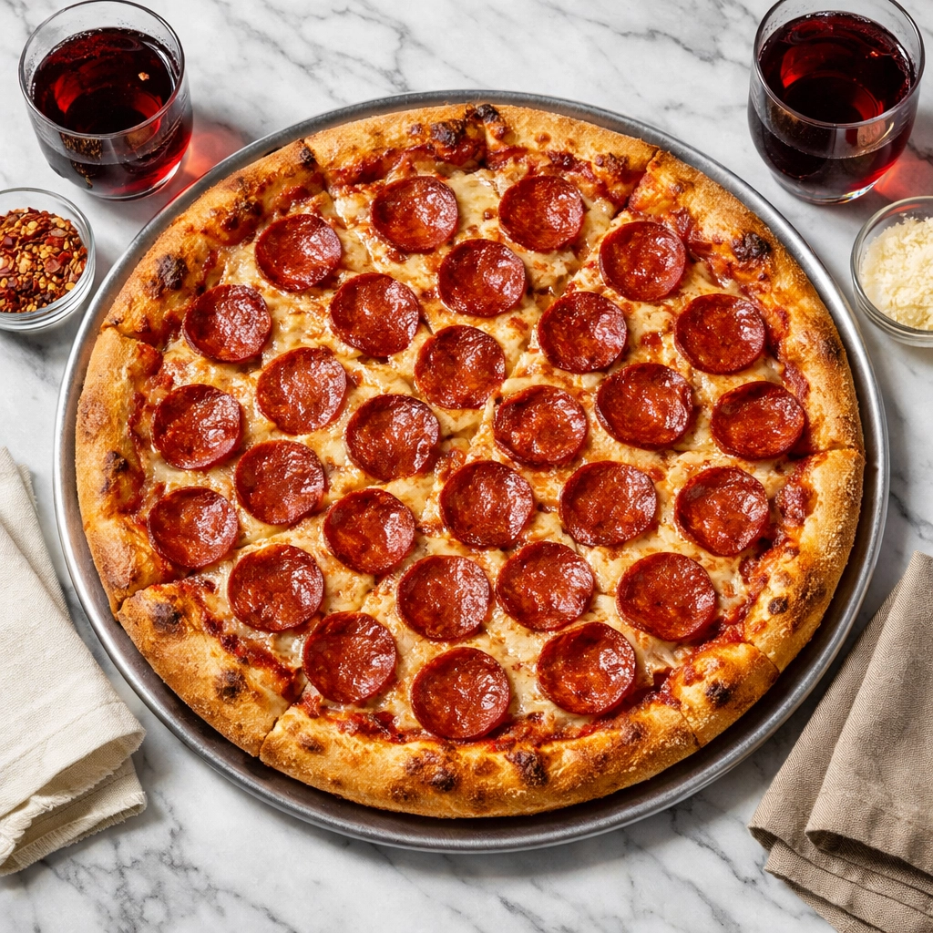 Large New York-style pepperoni pizza with red wine at Pizzeria Locali in Montreal.