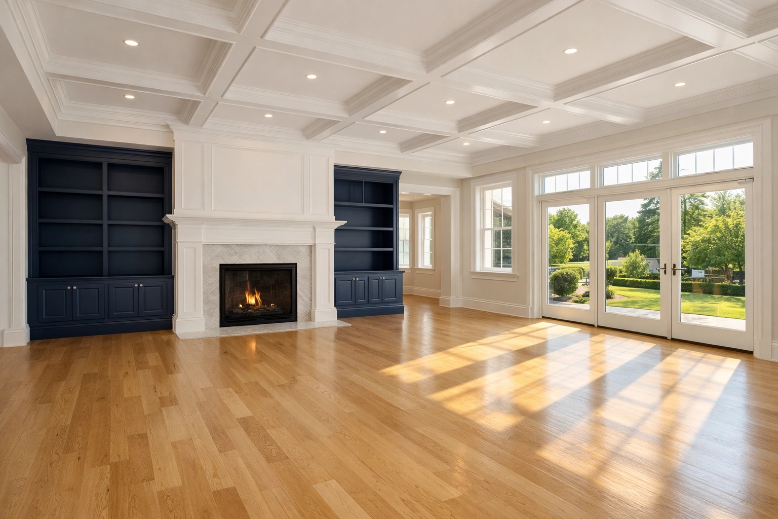A sunlit, empty living room ready for closing after a Luxury Move-Out Cleaning in Newton.