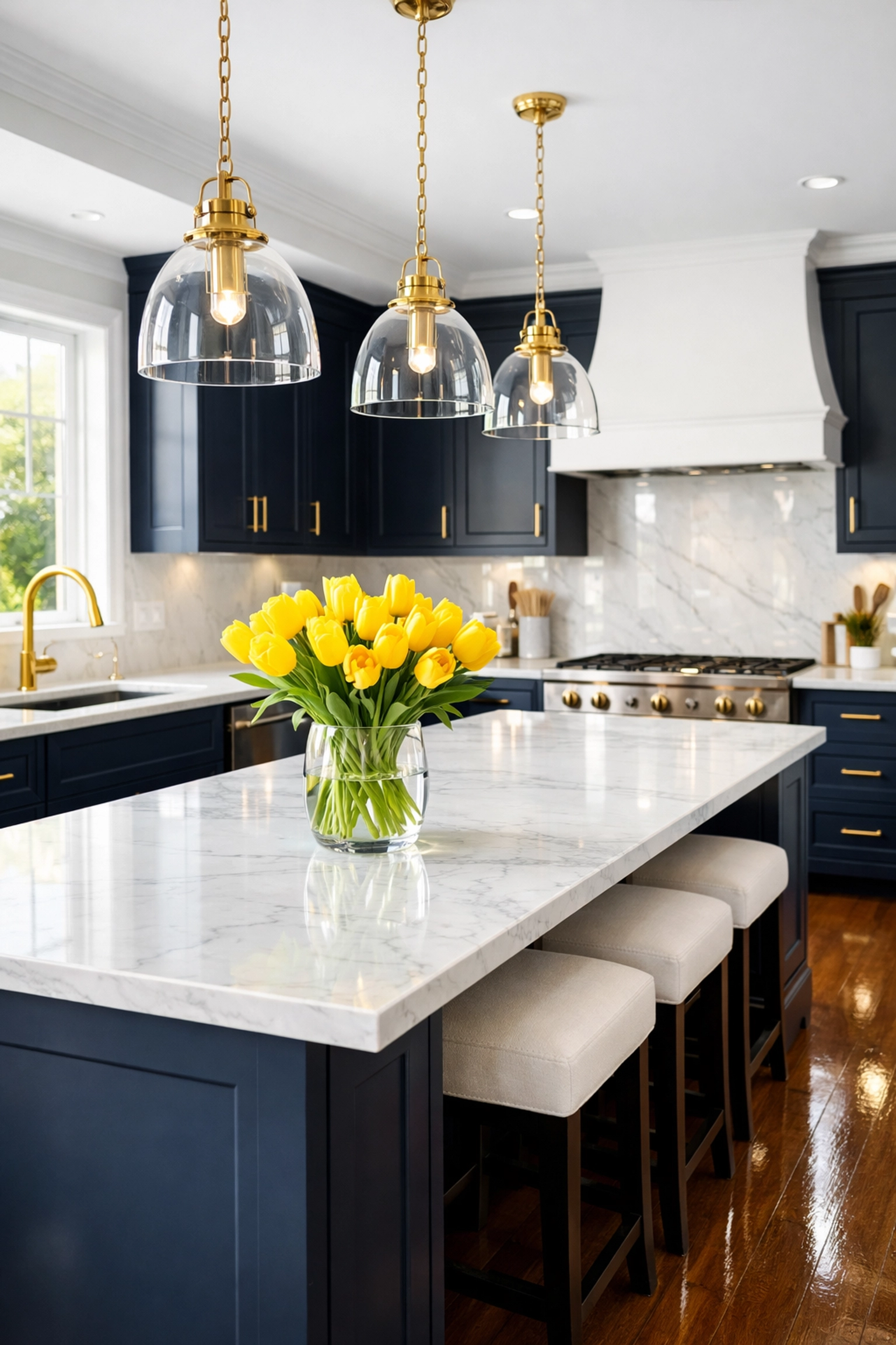 Professionally cleaned kitchen in Leominster MA with white marble countertops and polished hardwood floors.