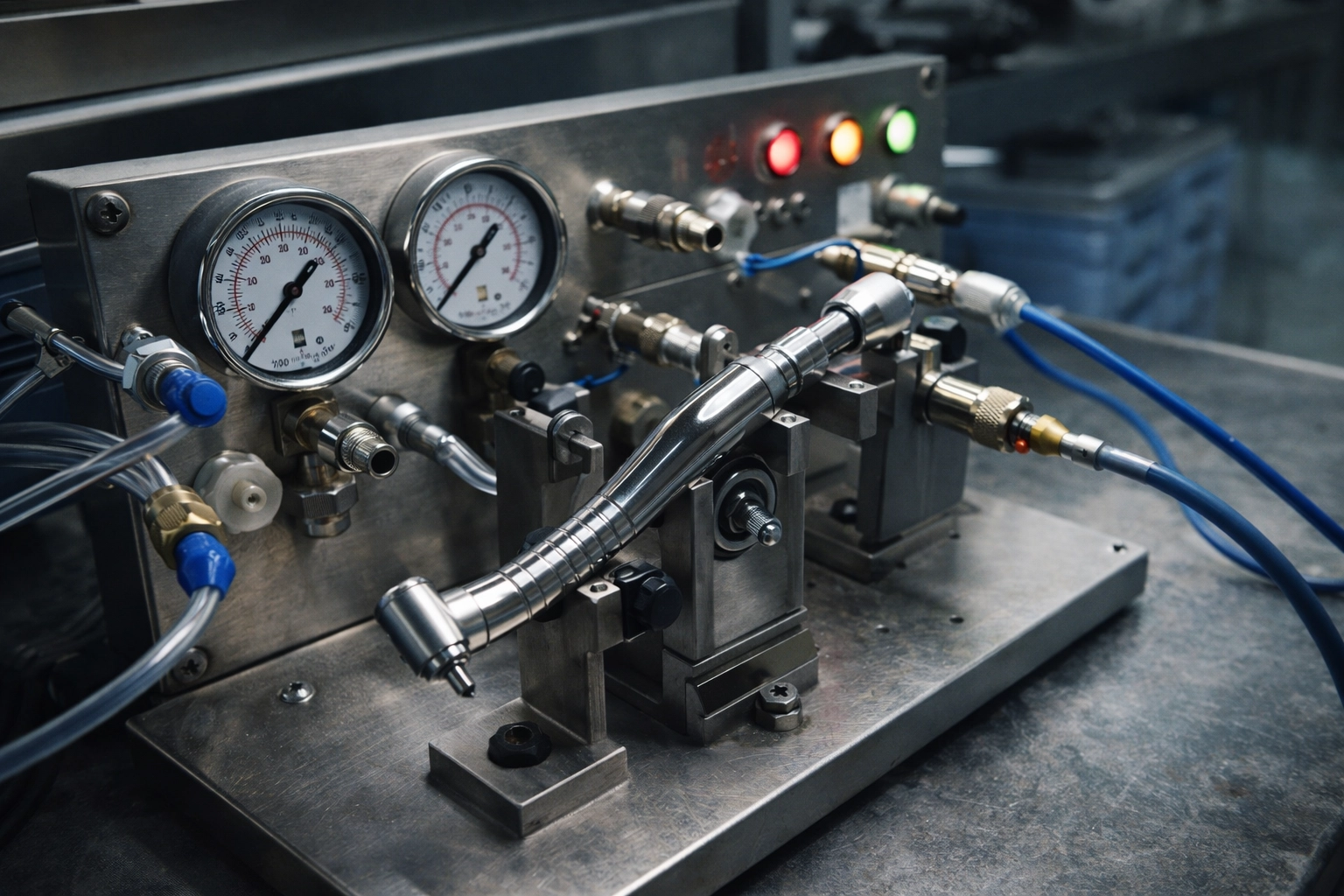 Specialised handpiece testing equipment in a state-of-the-art repair facility: gauges, air lines, and a dedicated test rig (photorealistic, no people, no text)
