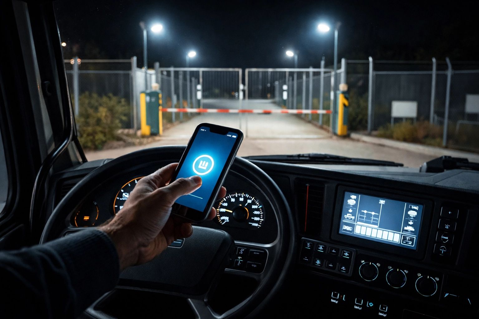 Truck driver's hand using a smartphone to open a secure, well-lit parking facility gate at night.