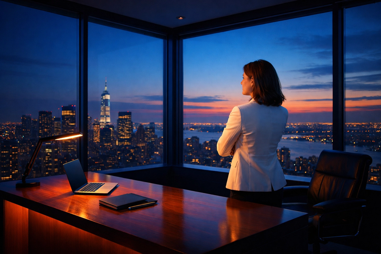 Confident executive evaluating market value while looking at a skyline to plan a business exit.