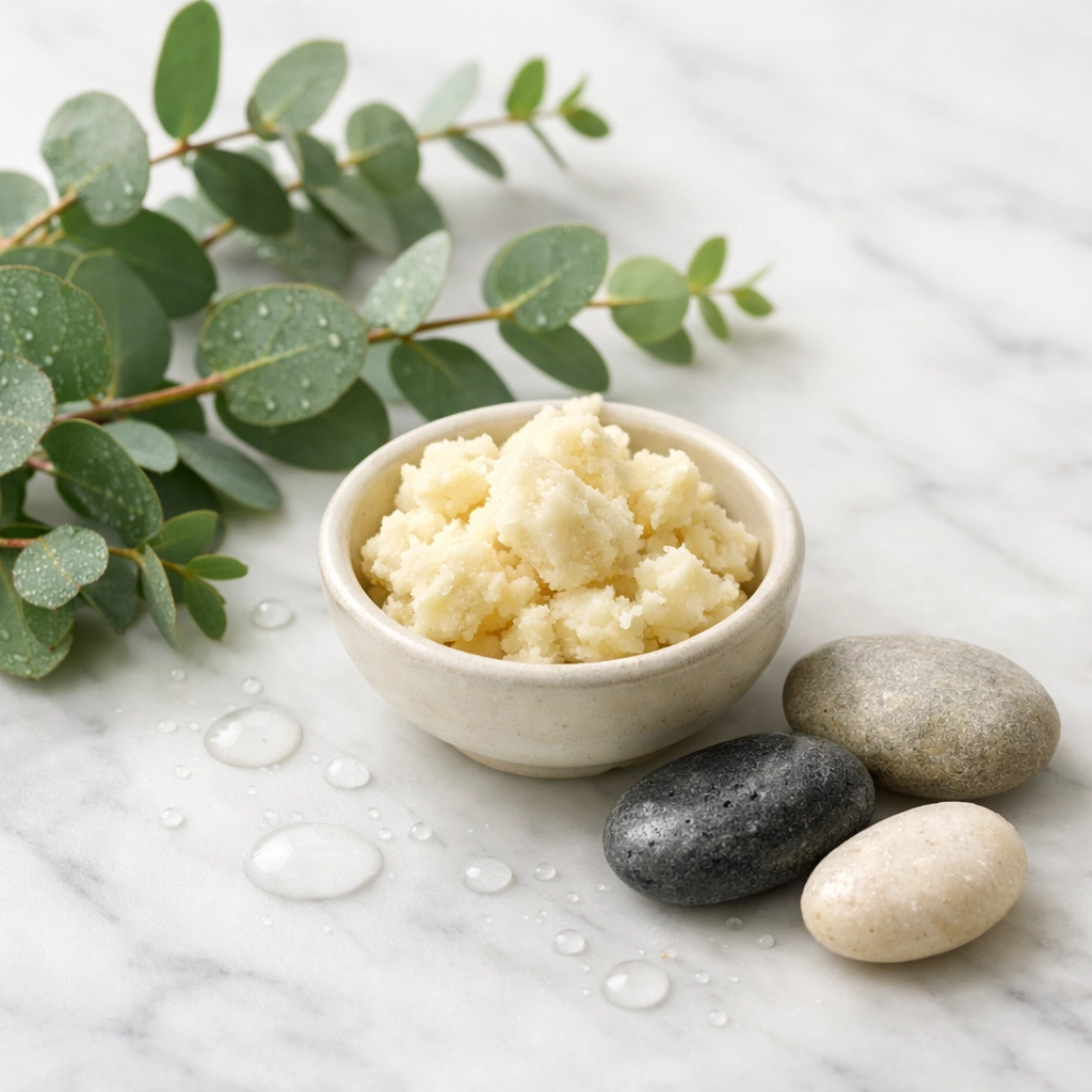 Natural moisturizing body wash ingredients including shea butter and eucalyptus on marble