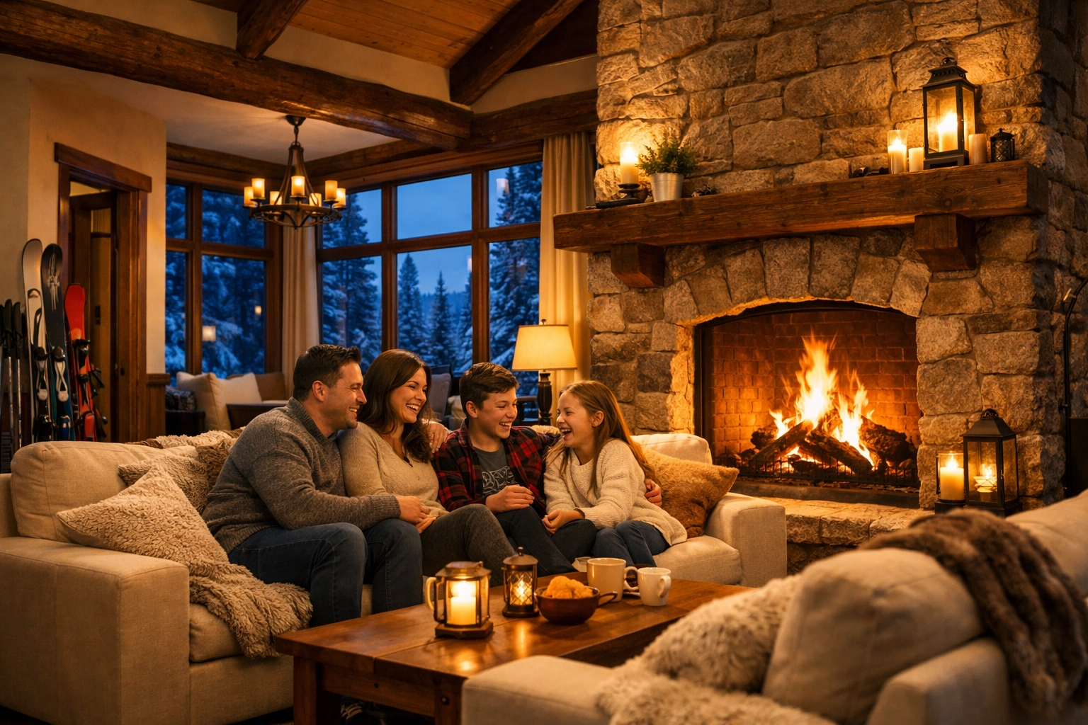 Family relaxing by stone fireplace in luxury Snowshoe Mountain lodge living room after skiing Family relaxing by stone fireplace in luxury Snowshoe Mountain lodge living room after skiing