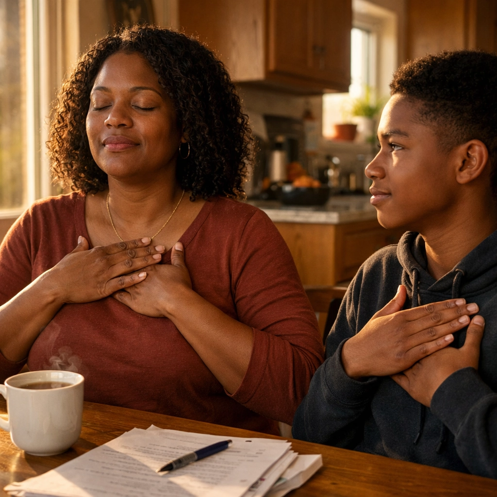 Parent teaching breathing exercise for anxiety management to teenage son at home
