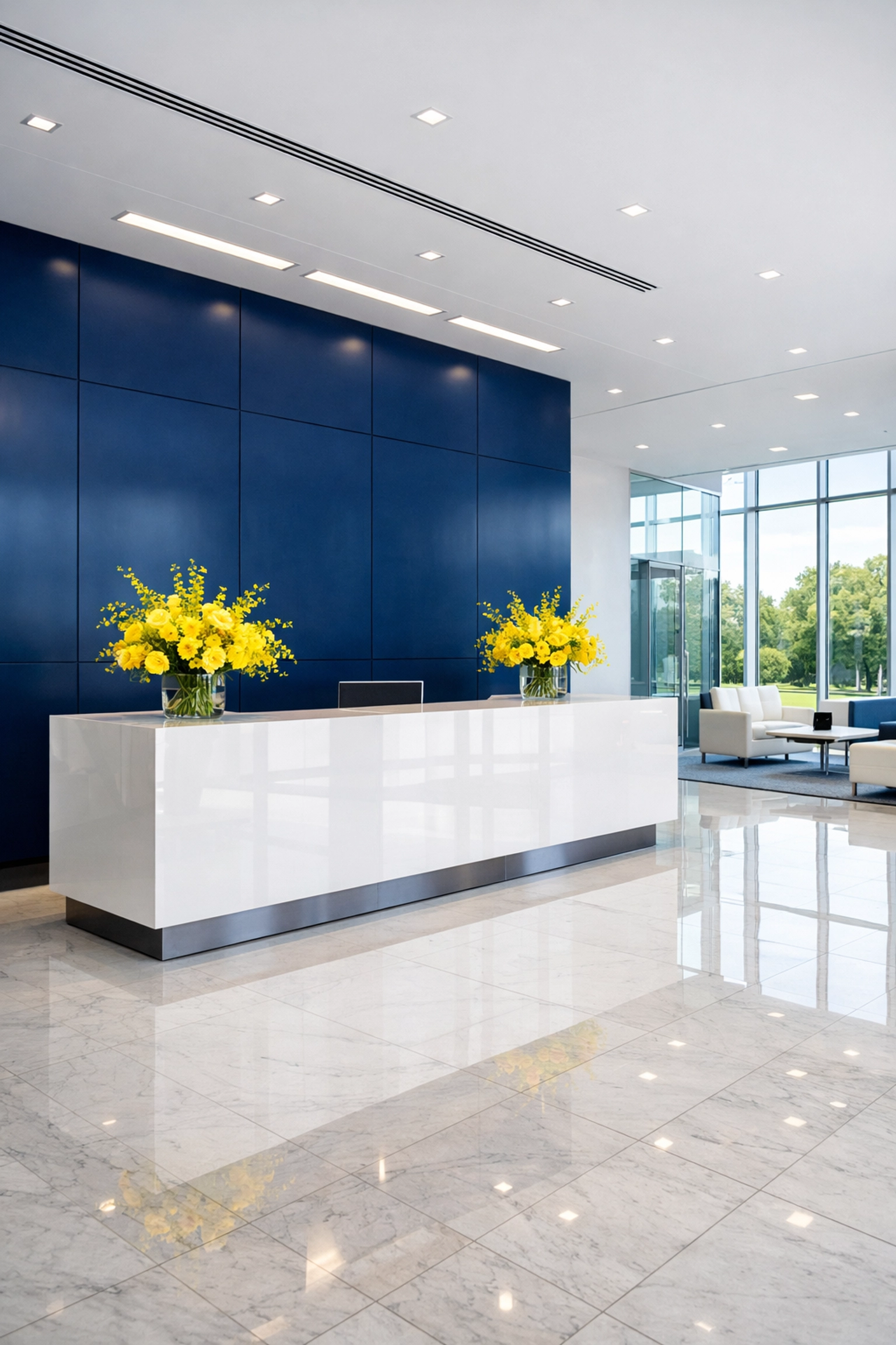 Clean corporate lobby in Norton, MA with polished marble floors and professional janitorial care.