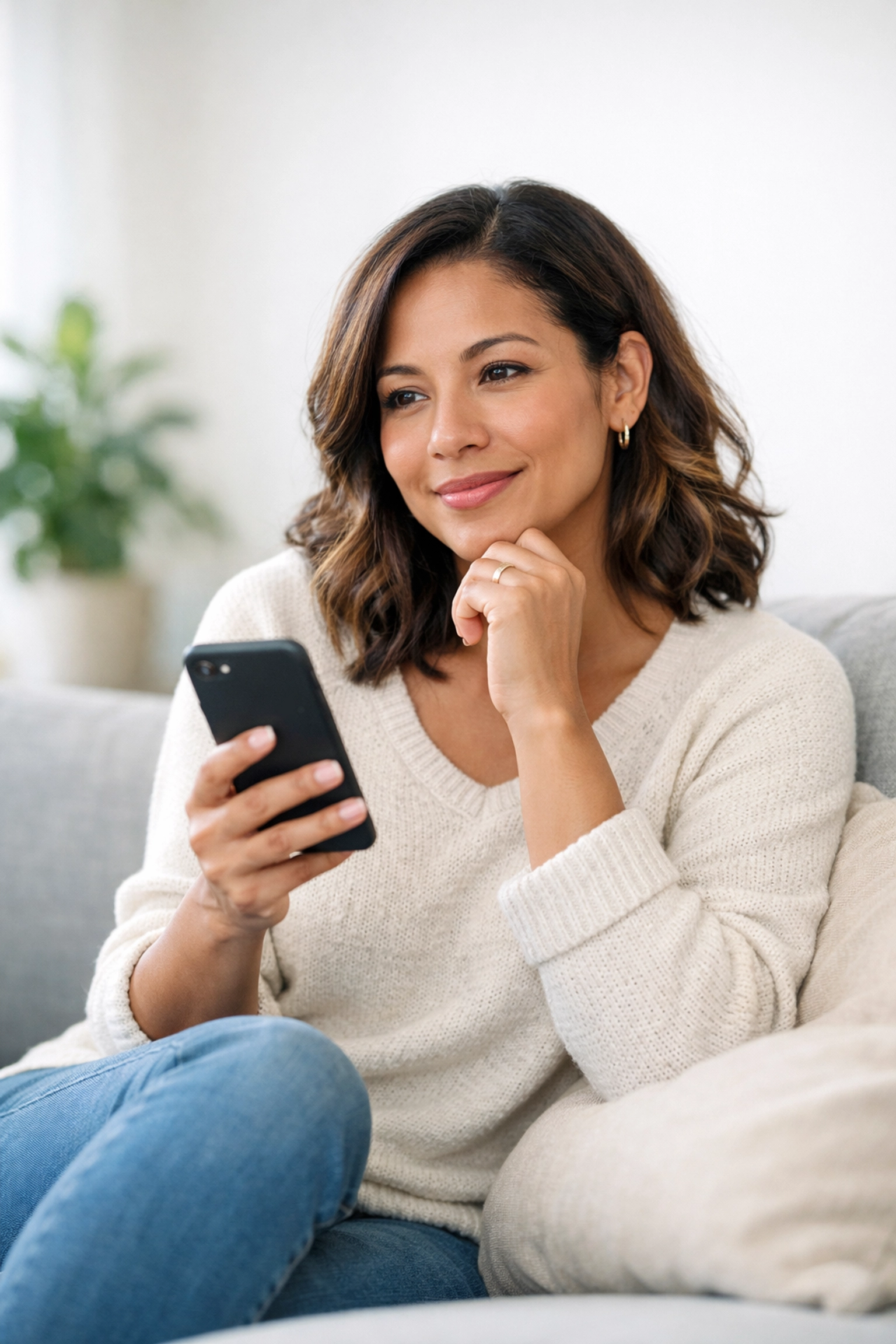 A woman researching medical weight loss options and Wegovy alternatives on her smartphone in a bright living room.