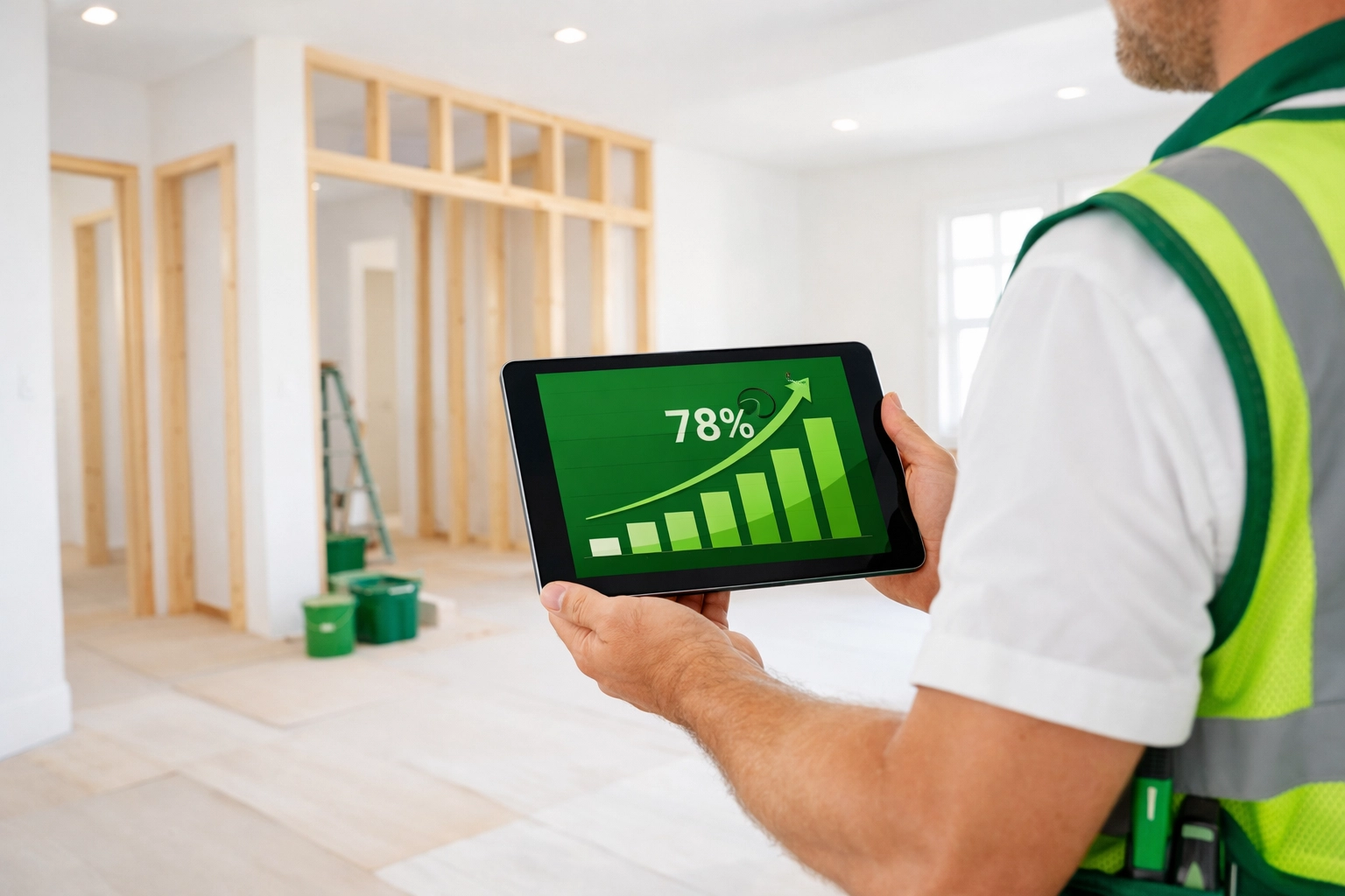 Contractor tracking a renovation project on a tablet, highlighting a fast hard money loan draw process.