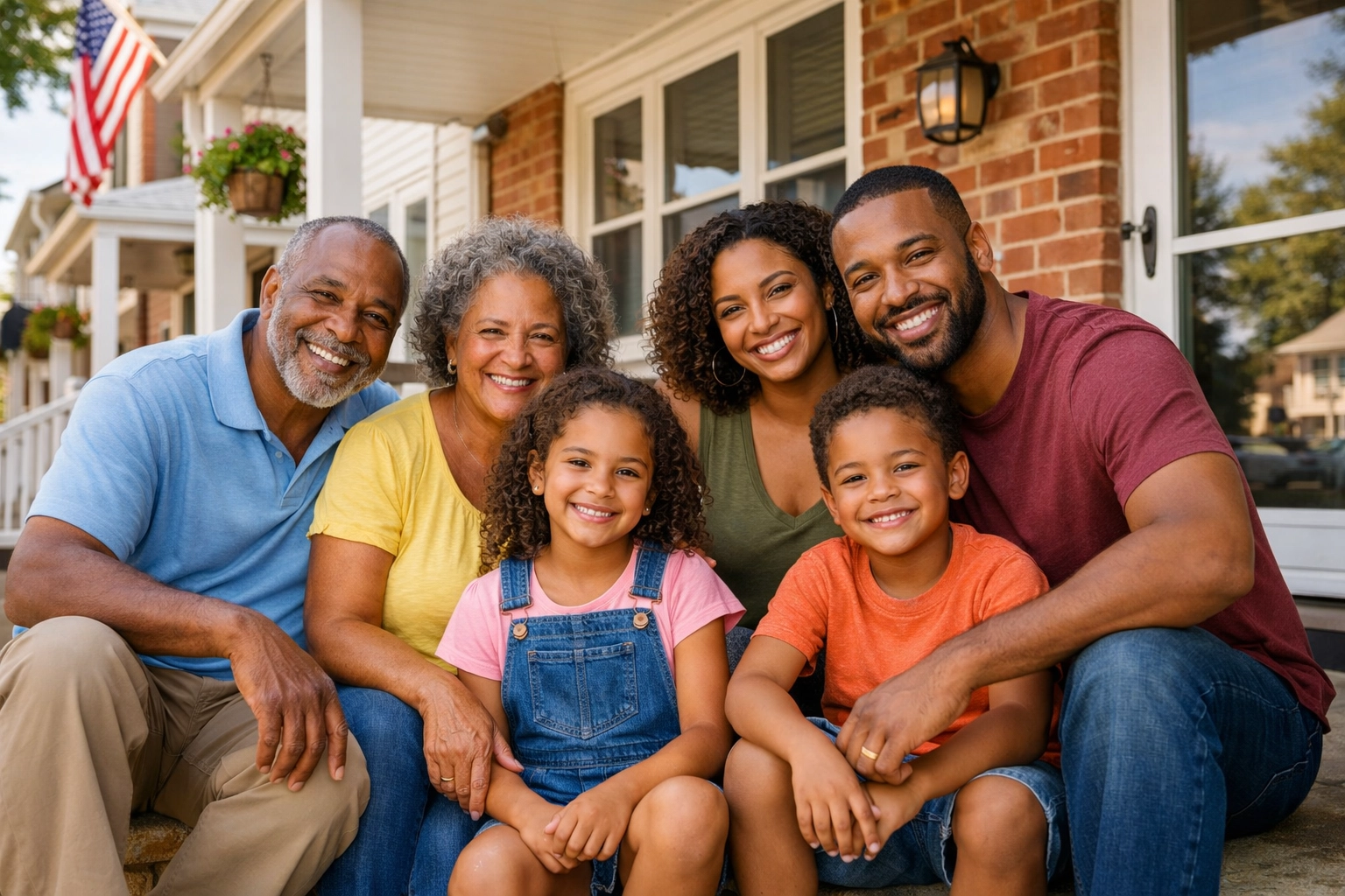 A Black multi-generational family relaxes on their porch, representing housing stability in Burlington County.