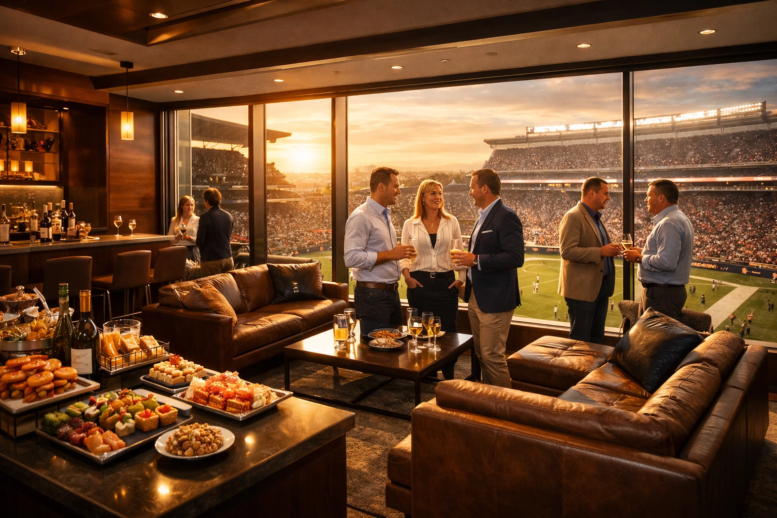 PRESS RELEASE: Super Bowl Brand Visibility Secrets Revealed: What Top CEOs Know About Turning VIP Hospitality Into Million-Dollar Business Opportunities Luxury VIP suite with executives networking during Super Bowl corporate hospitality event