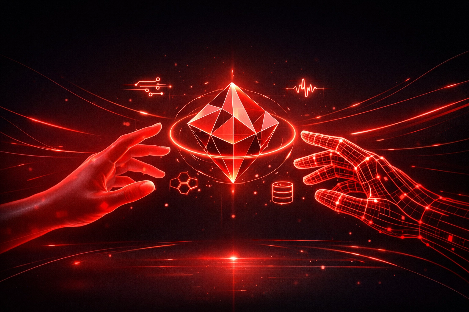 Human and digital hands collaborating to achieve authentic AI personalization and brand voice.