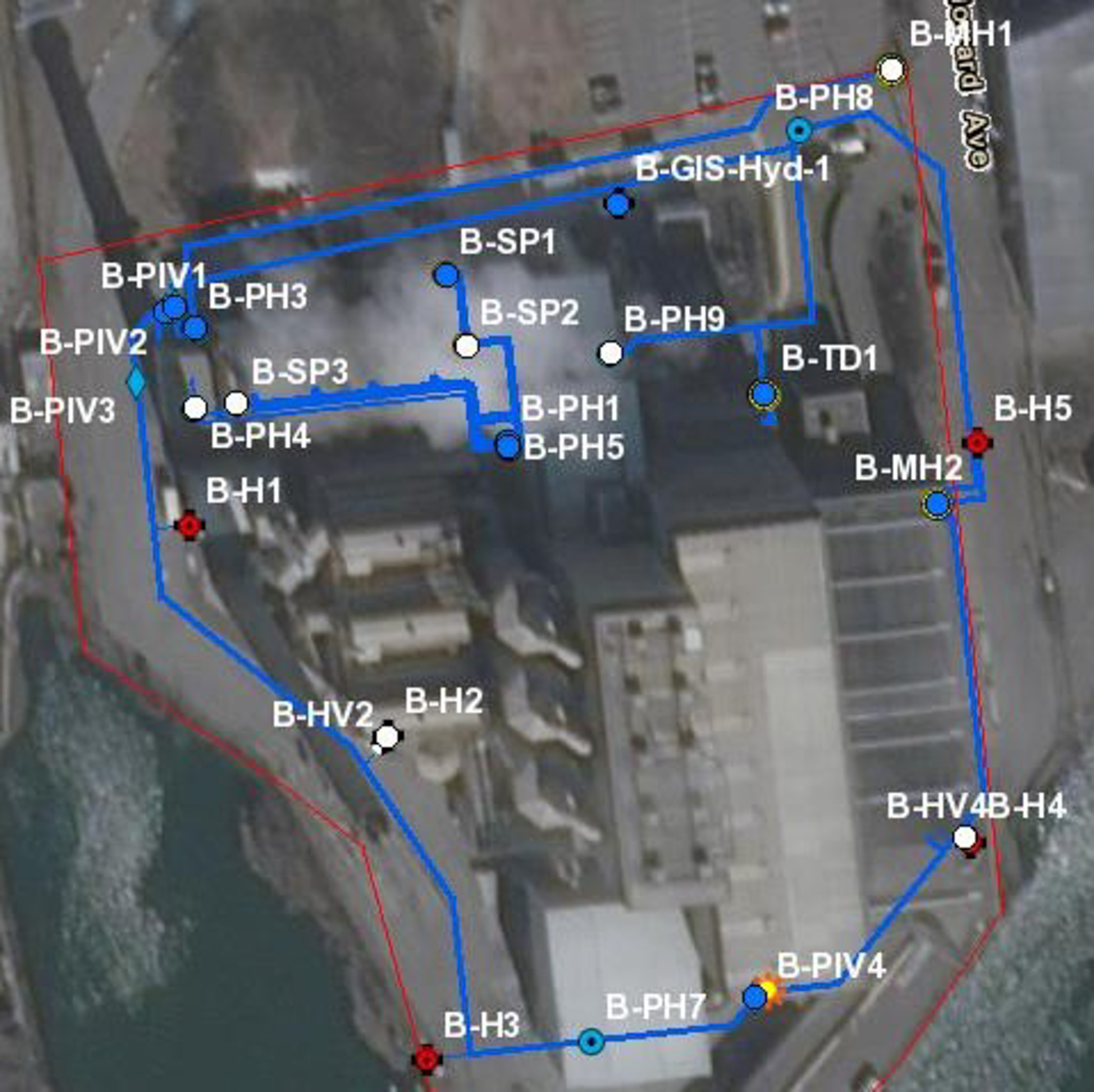 Aerial site map with sampling and monitoring locations
