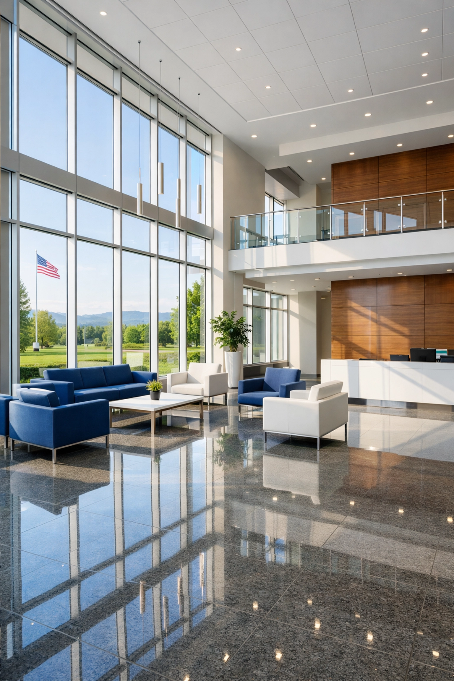 Clean and modern corporate lobby in Agawam with polished granite floors and professional janitorial care.