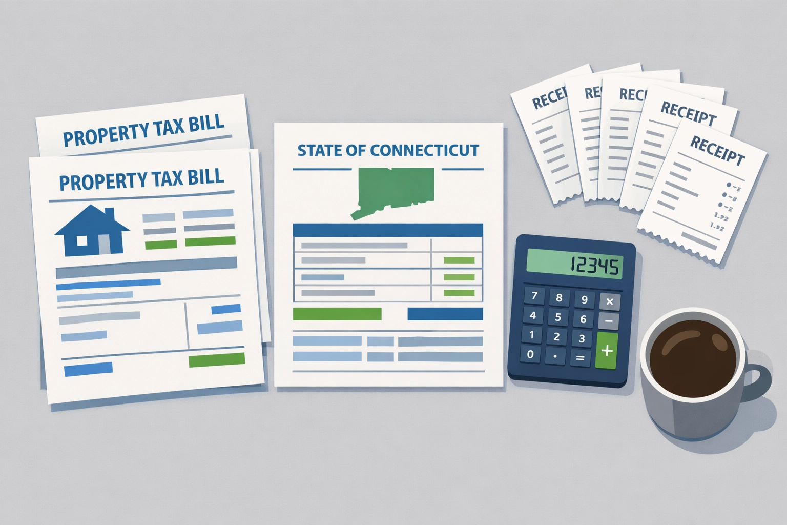 Organized tax preparation documents including property tax bills and Connecticut state forms