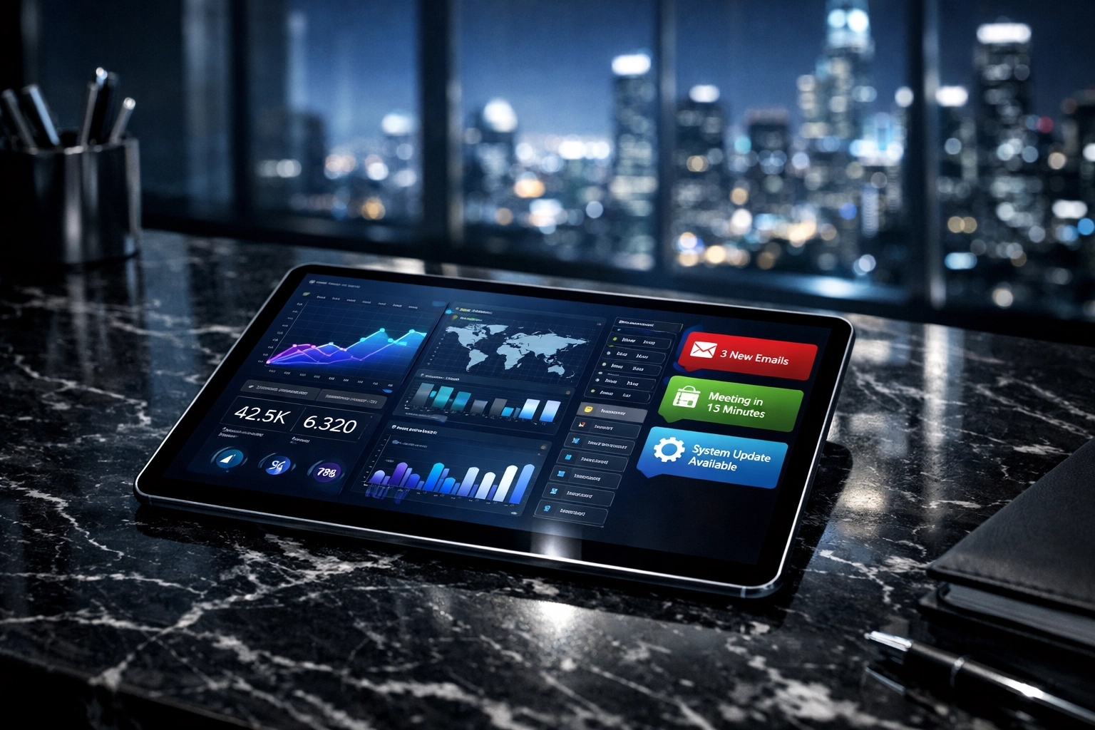Digital review management dashboard on a tablet displaying real-time local search rankings data.