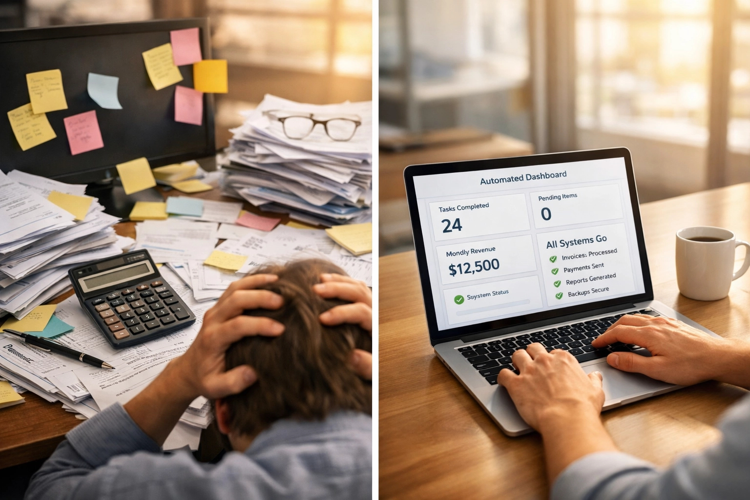 Can Custom Software Development Really Help You Automate Business Processes? Find Out Here 4 Cluttered desk versus organized automated workspace showing business process efficiency gains