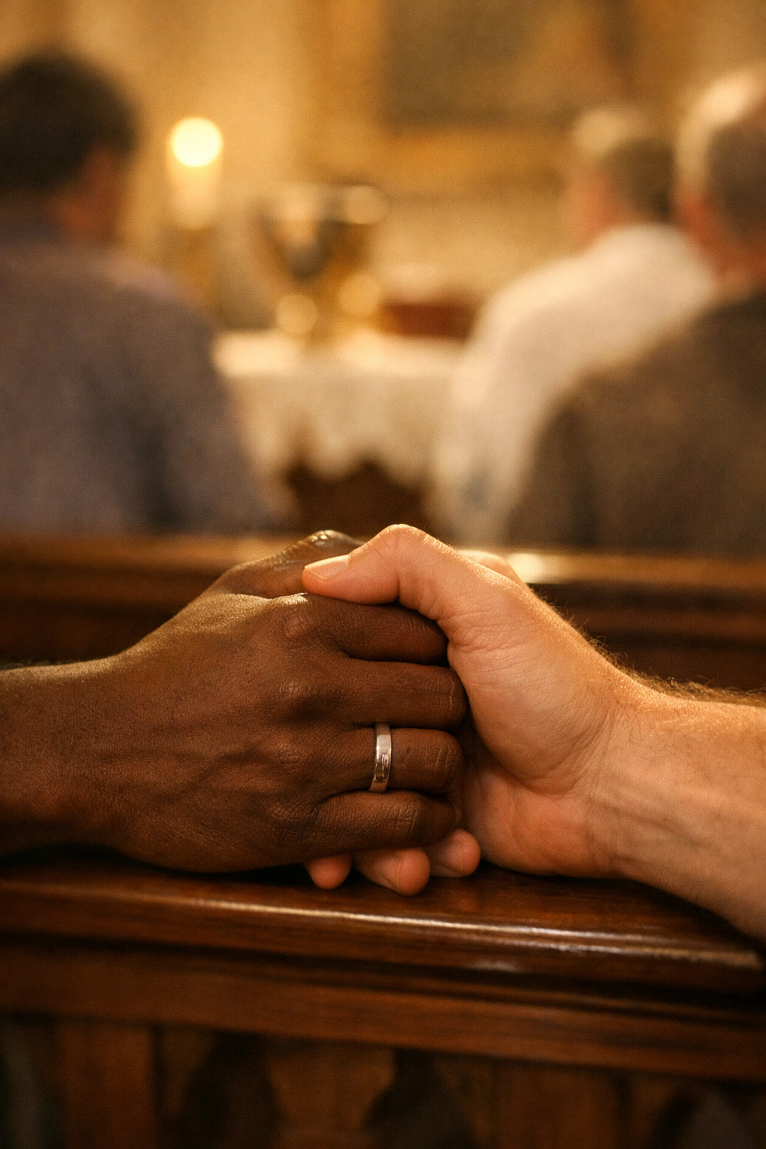Gay couple holding hands during communion at inclusive Brooklyn church