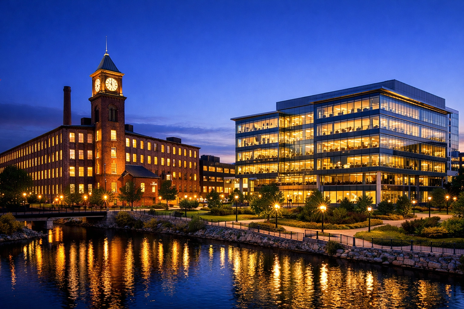 Twilight view of a Waltham business park with clean, well-lit modern and historic office buildings.