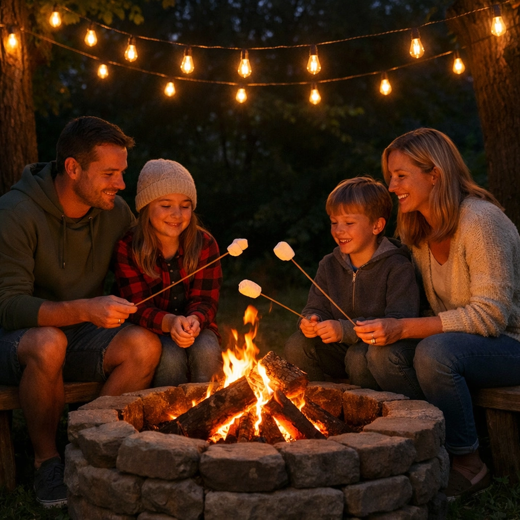A family bonding by a backyard fire pit, showcasing creative photo spots near you.