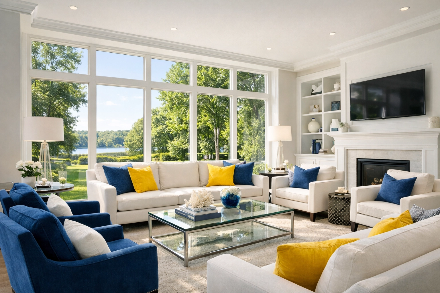 Clean and organized modern living room in a Sharon home after a weekly house cleaning service.