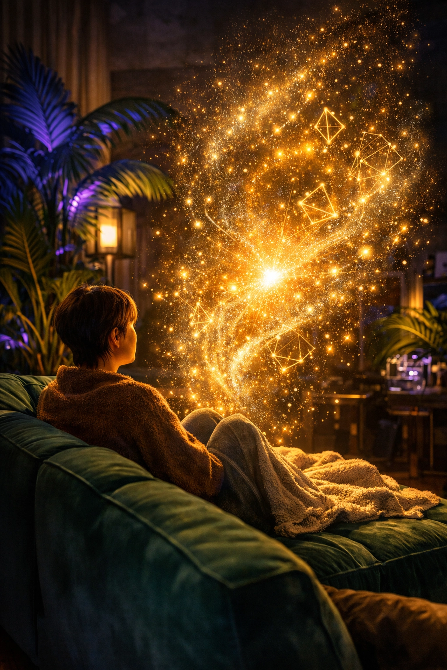 Person on a velvet sofa interacting with a warm, glowing AI companion for emotional support and wellness.