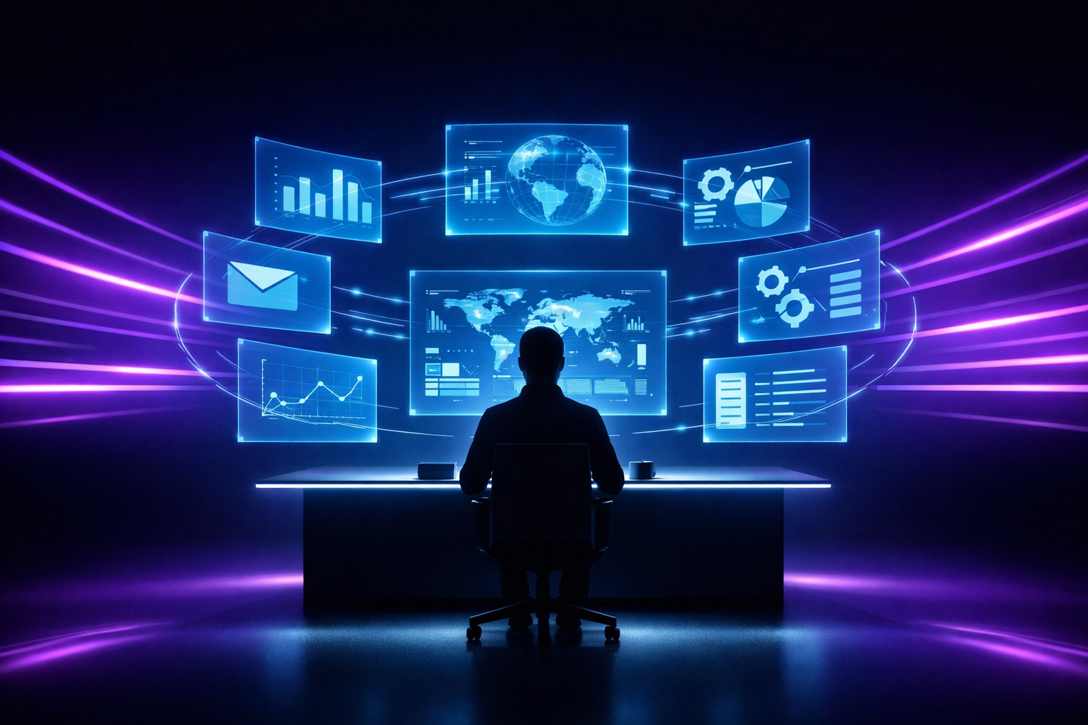 Futuristic workstation showing a business owner scaling operations with AI-powered data streams.