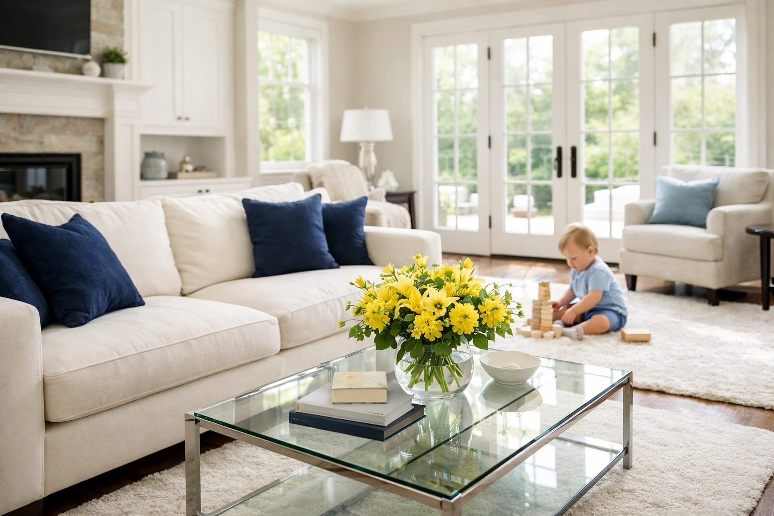 High-end living room showing the results of eco-friendly house cleaning services in Massachusetts.