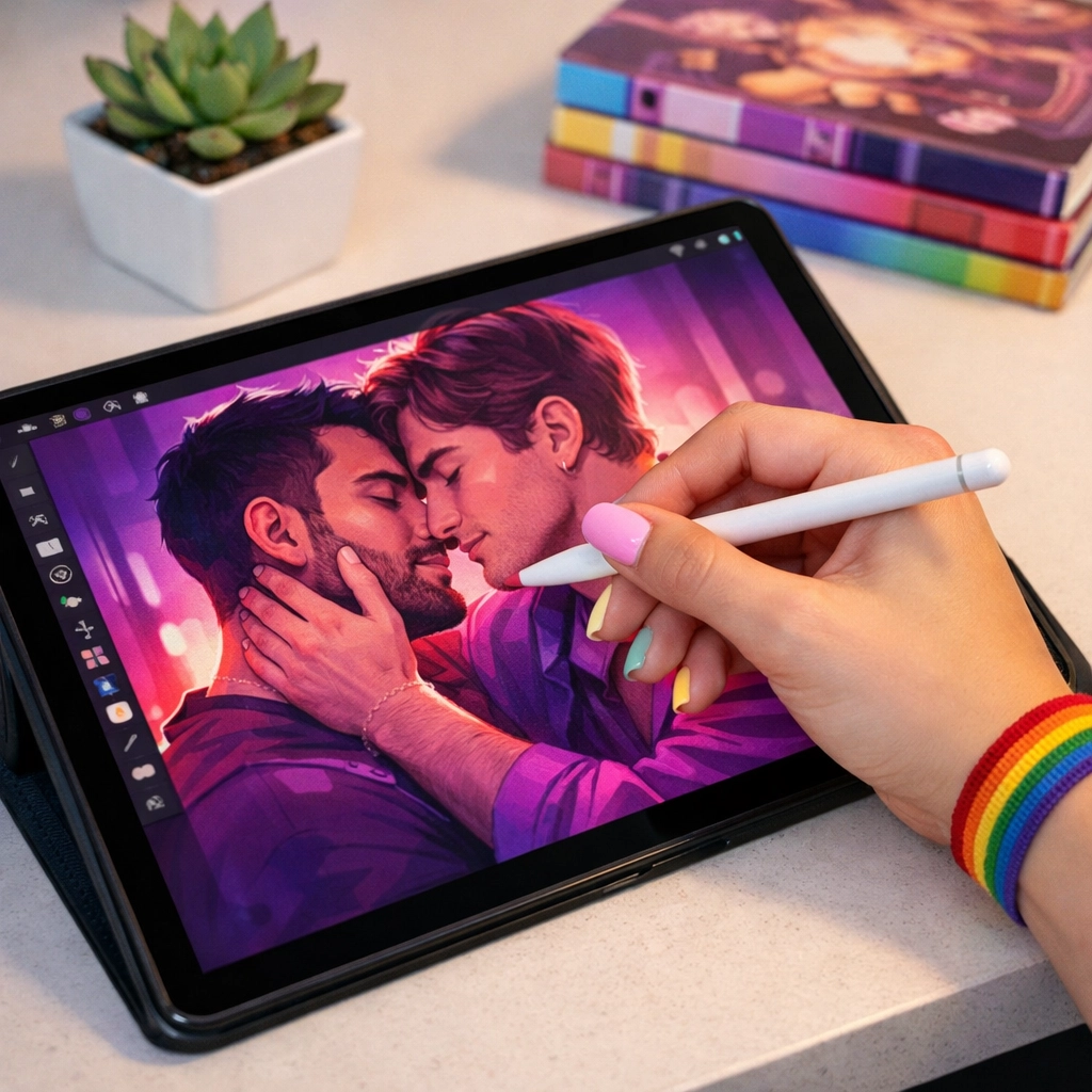 A queer artist digitally sketching a romantic MM romance scene between two men on a tablet.