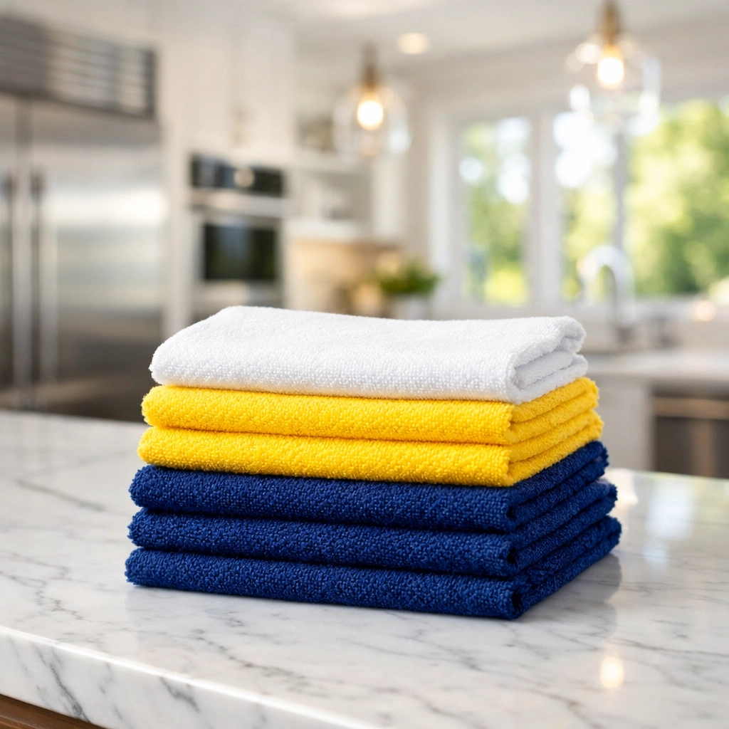 Color-coded microfiber towels on a marble kitchen counter for deep cleaning your Massachusetts home.