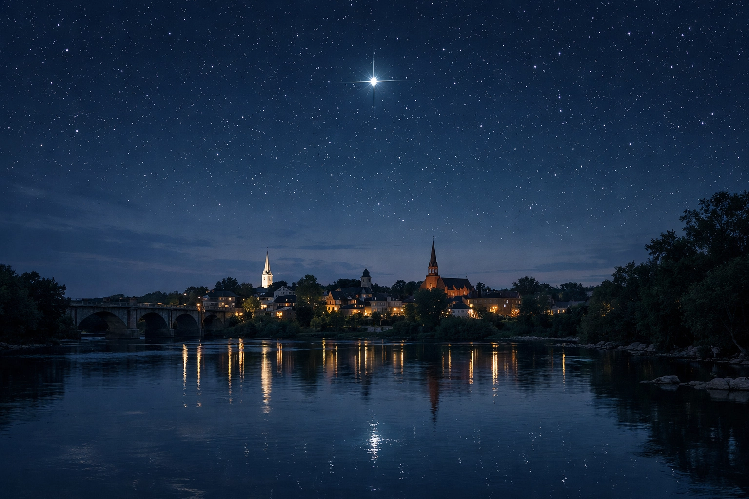 A bright North Star visible over a quiet Fredericksburg landscape and the Rappahannock River under a deep twilight sky | ALT: Divorce lawyers in Fredericksburg VA help you embrace a new vision with a North Star