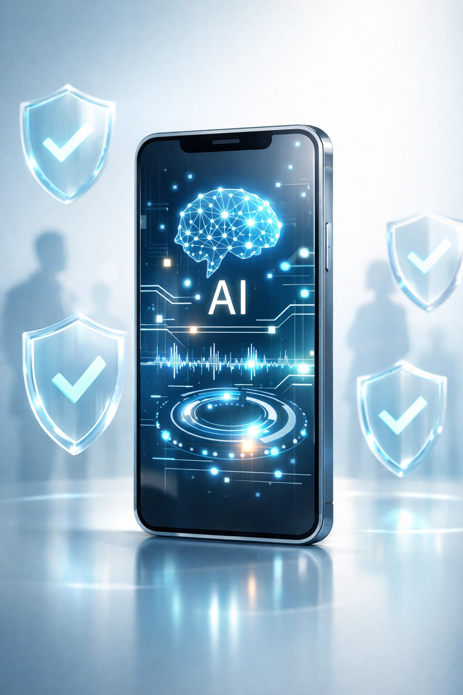 Smartphone displaying AI technology interface with safety and human oversight elements